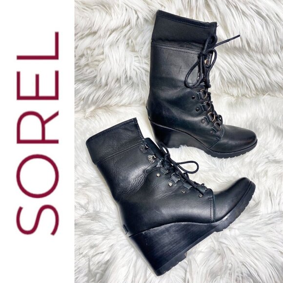 NWOT SOREL After Hours Lace-Up Shearling Waterproof Wedge Boots Black, 9.5 - Picture 11 of 14